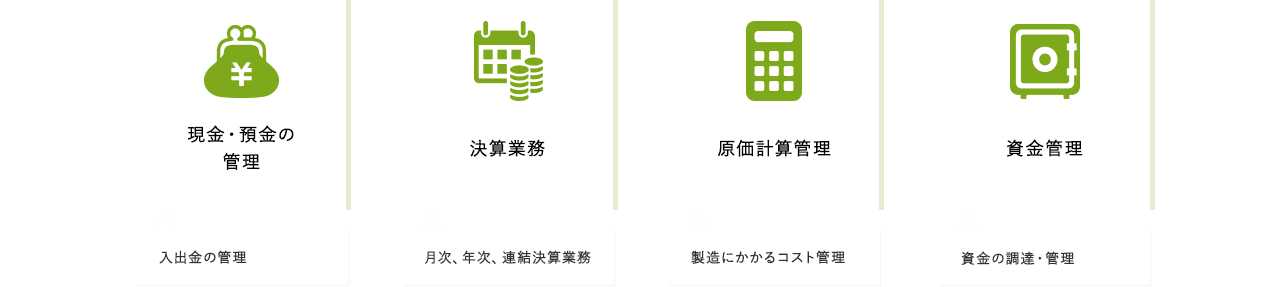 現金・預金の管理 入出金の管理 / 決算業務 月次、年次、連結決算業務 / 原価計算管理 製造にかかるコスト管理 / 資金管理 資金の調達・管理