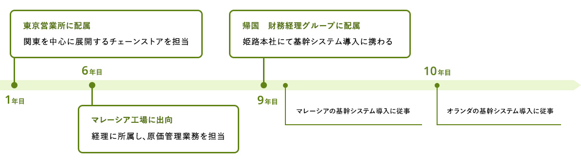 1年目 東京営業所に配属 関東を中心に展開するチェーンストアを担当 6年目 マレーシア工場に出向 経理に所属し、原価管理業務を担当　9年目 帰国 財務経理グループに配属 姫路本社にて基幹システム導入に携わる マレーシアの基幹システム導入に従事 10年目 オランダの基幹システム導入に従事